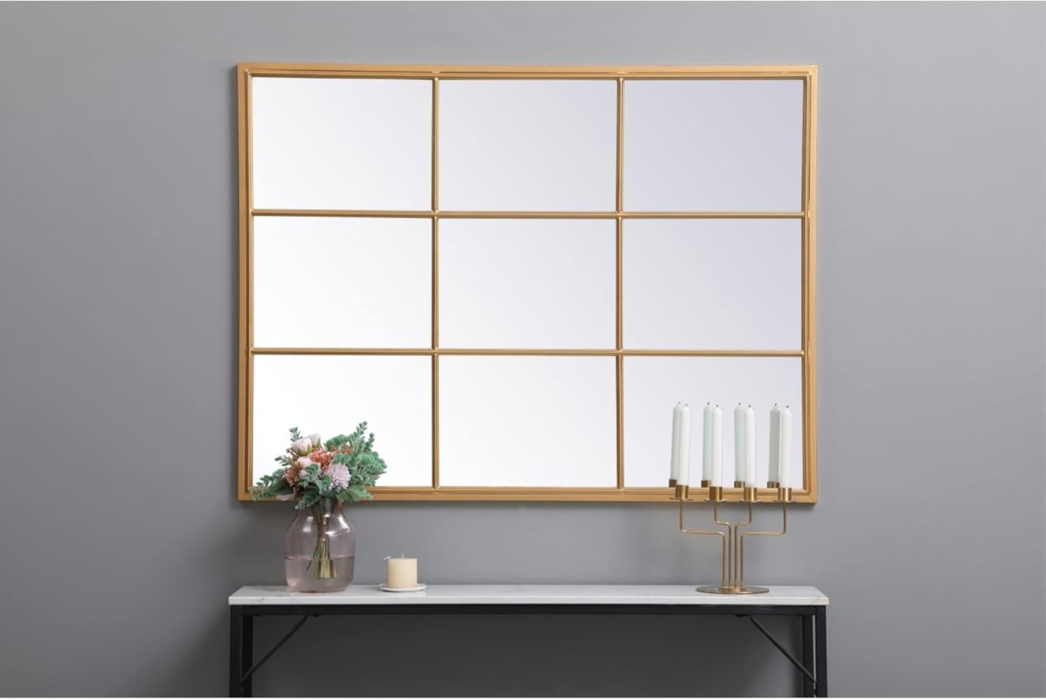 Elegant Decor Metal Windowpane Mirror 36 inch in in x 48 inch in in Brass