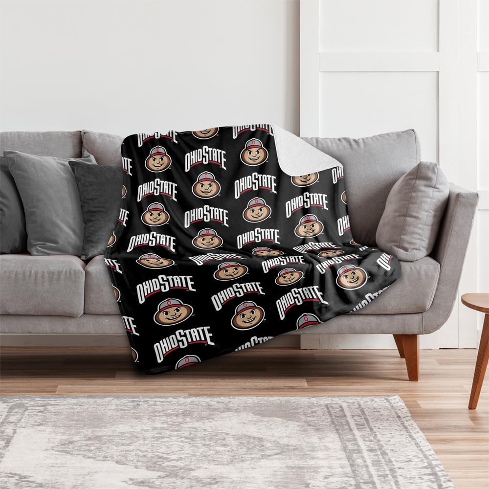 The Ohio State University Blanket, 50"x60" Brutus Pattern Silky Touch Sherpa Back Super Soft Throw Blanket