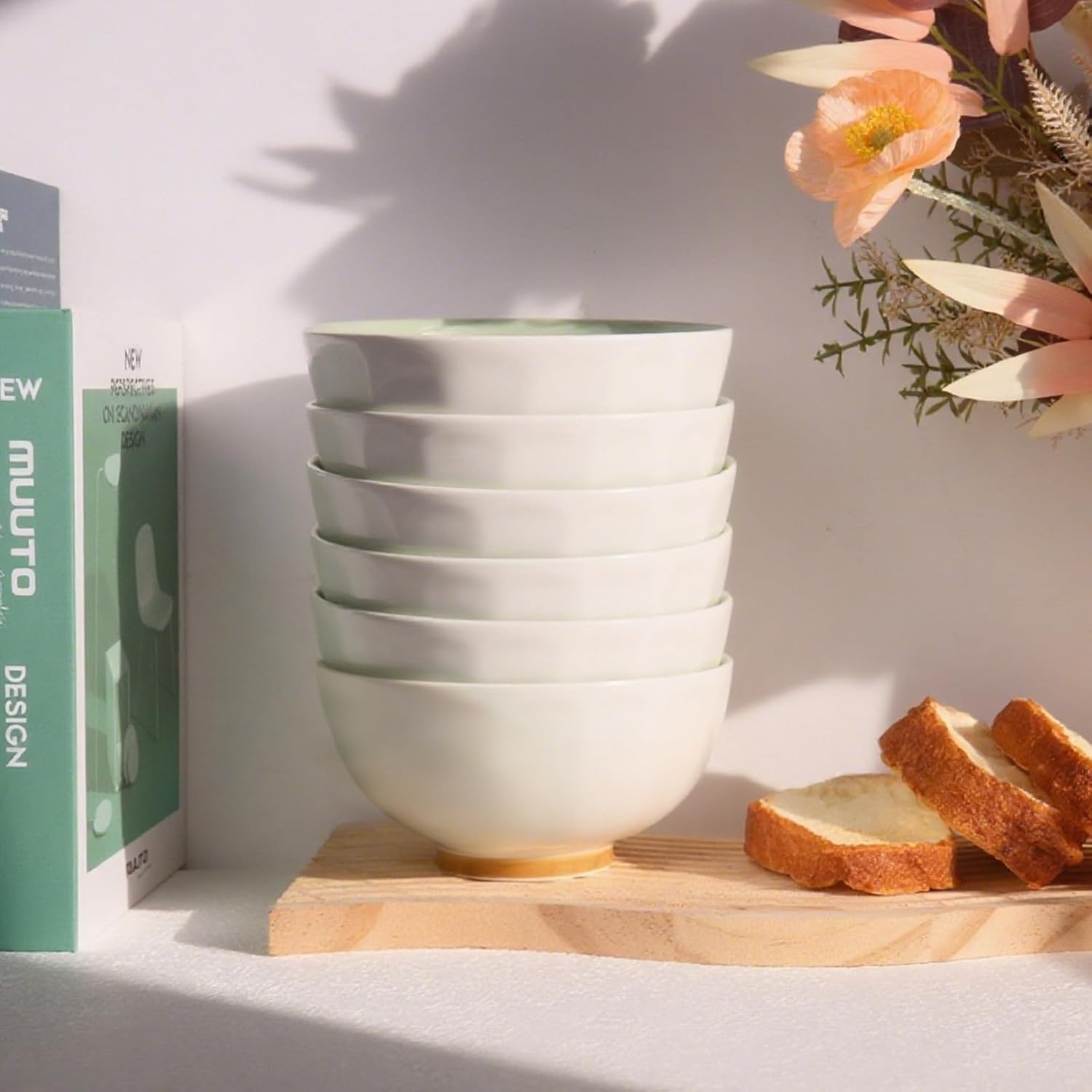 6-Piece Pasta Bowls 24 oz, Green Porcelain 6 inch, Microwave Oven Dishwasher Safe Scratch Resistant