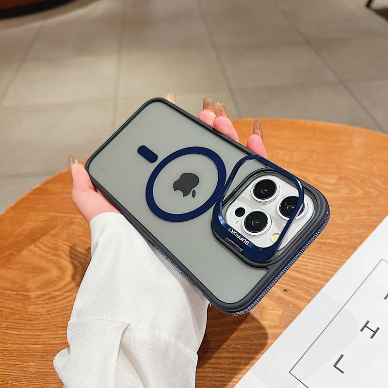 Image of LuxuryKase Smoked Clear MagSafe Case for iPhone 15 Pro | Metal Camera Guard Kickstand | Rugged Grip Edge | Hard PC Back + Soft TPU | Wireless Charging Support - Blue