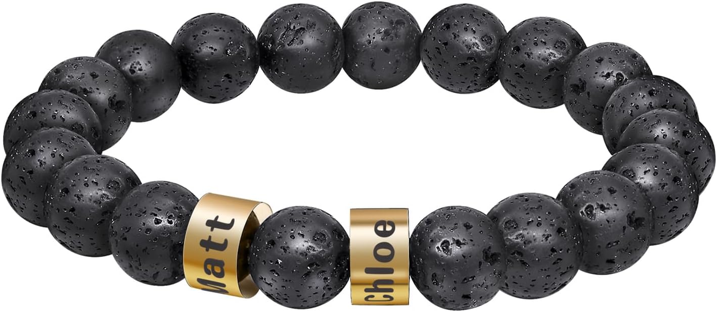 BAUMA AUTO Personalized Stone Beads Bracelets with 1-5 Names Tiger Eye Stone Bracelet Stone Beads Bracelets for Men Husband Grandpa Father's Day Christmas