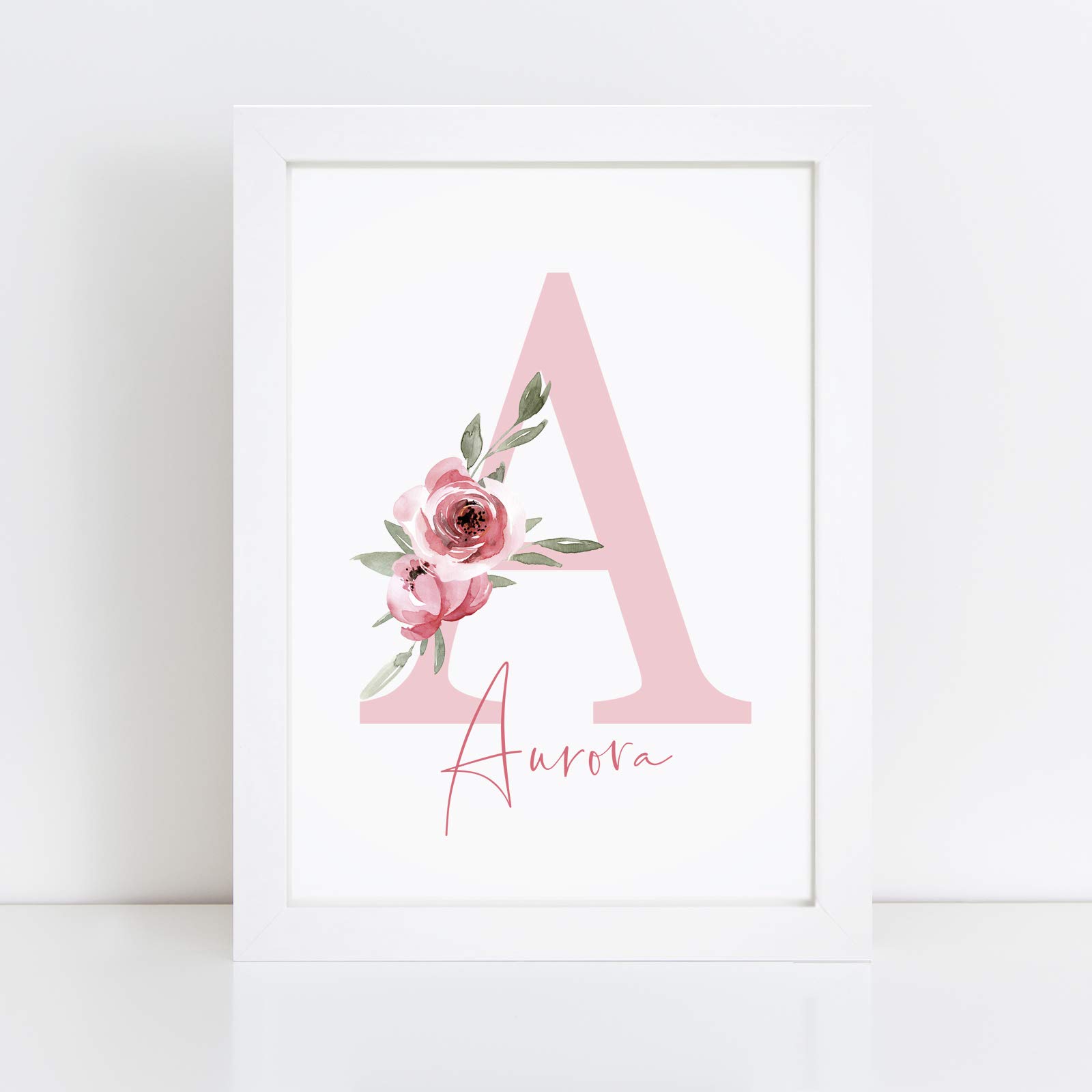Personalised Pink Floral Initial Any Name Print - Wall Art Decor For Her Girls Baby Bedroom Nursey Poster Picture Present Gifts - A5, A4, A3 Prints & Framed