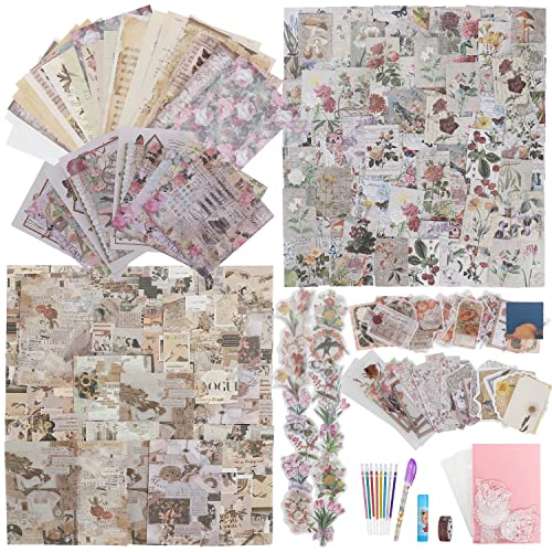 Urradia 483Pcs Vintage Scrapbook Supplies Kit, Retro Floral Scrapbook Paper Flower Stickers Pink Scrapbooking Paper Journaling Kit Diy Crafting Papers A5 Scrapbook Tape Glue For Bullet Junk Journals #TOP1