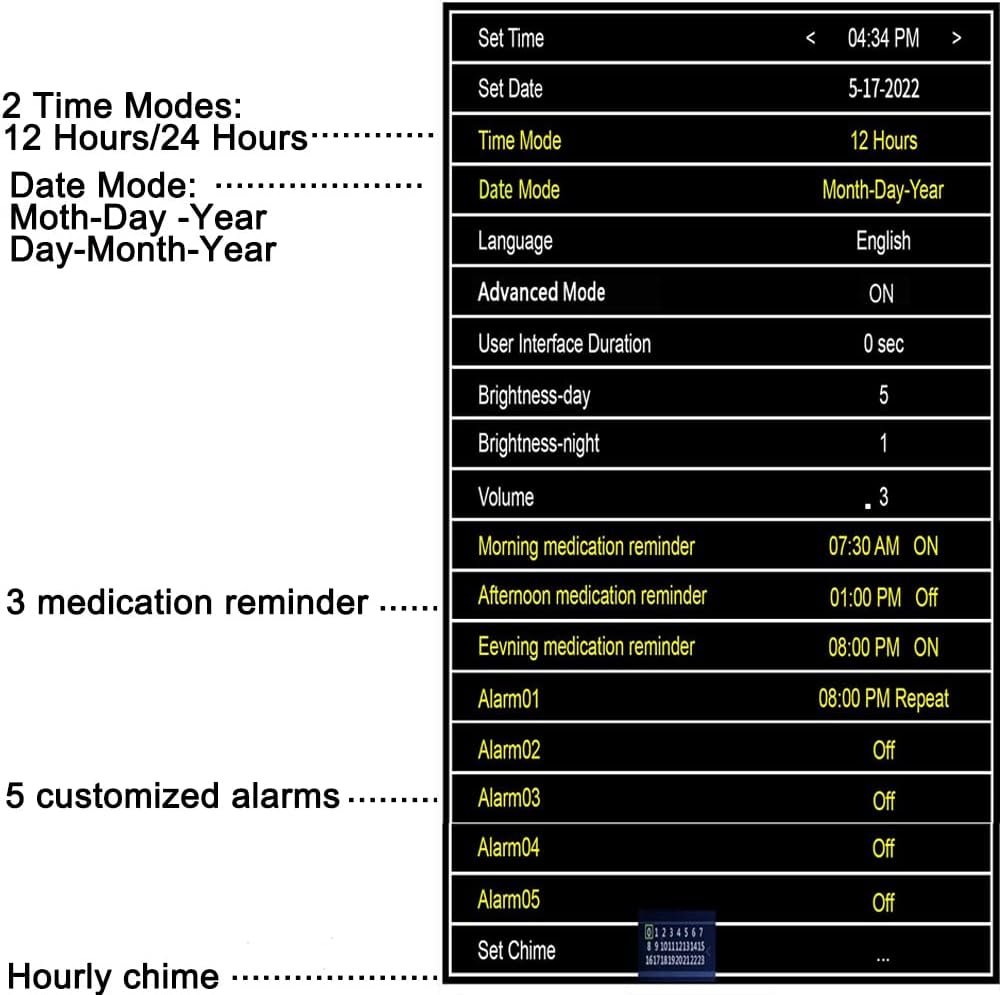 Screenshot of the Aowasi Digital Day Calendar Clock's menu settings, showing options for time, date, time mode, date mode, language, advanced mode, brightness, volume, medication reminders, and custom alarms.