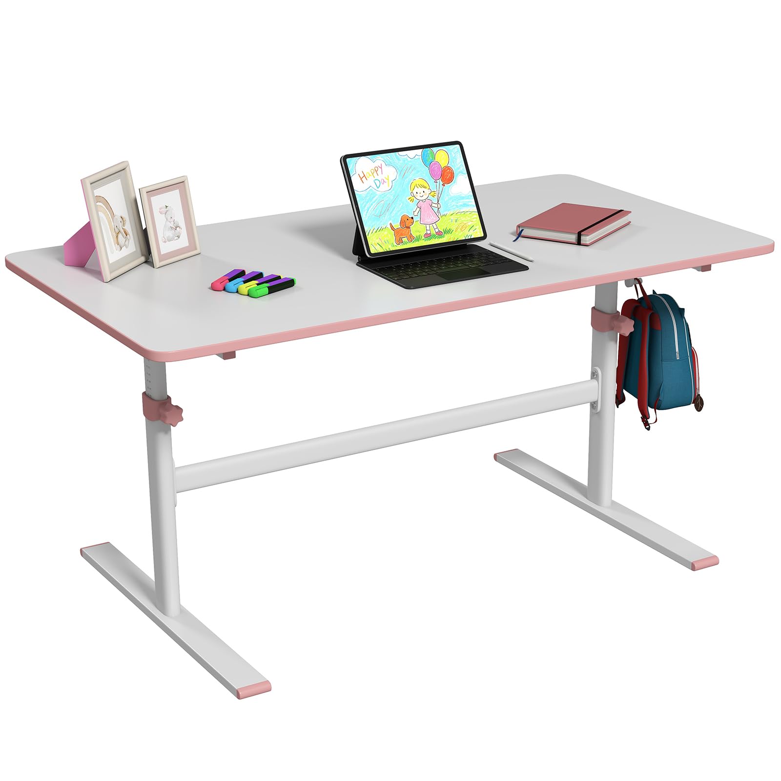 JOYLDIAS Kinderschreibtisch höhenverstellbar 110×60 cm, Rosa | Tischplatte mit Kurbel, blendfreie Oberfläche, Einklemmschutz, abgerundete Ecken