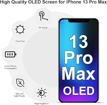 OLED for iPhone 13 Pro Max Screen Replacement Kit with Earpiece Speaker Proximity Sensor Flex Cable LCD Display 3D Touch Digitizer Frame Assembly A2643 A2641 A2644 A2645 A2484 6.7 inch