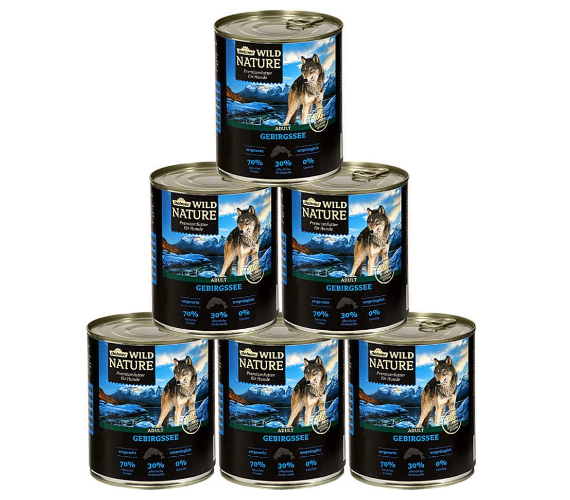 Dehner Wild Nature - Comida húmeda para Perros, sin Cereales, sin azúcar, para Perros Adultos, salmón y Pollo, 6 latas de 800 g (4,8 kg)