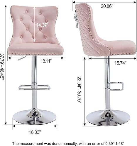 Miniatura 29 de Juego de 4 taburetes de bar giratorios ajustables de terciopelo con respaldo copetudo, ribete de cabezas de clavos y anillo de tracción, sillas de