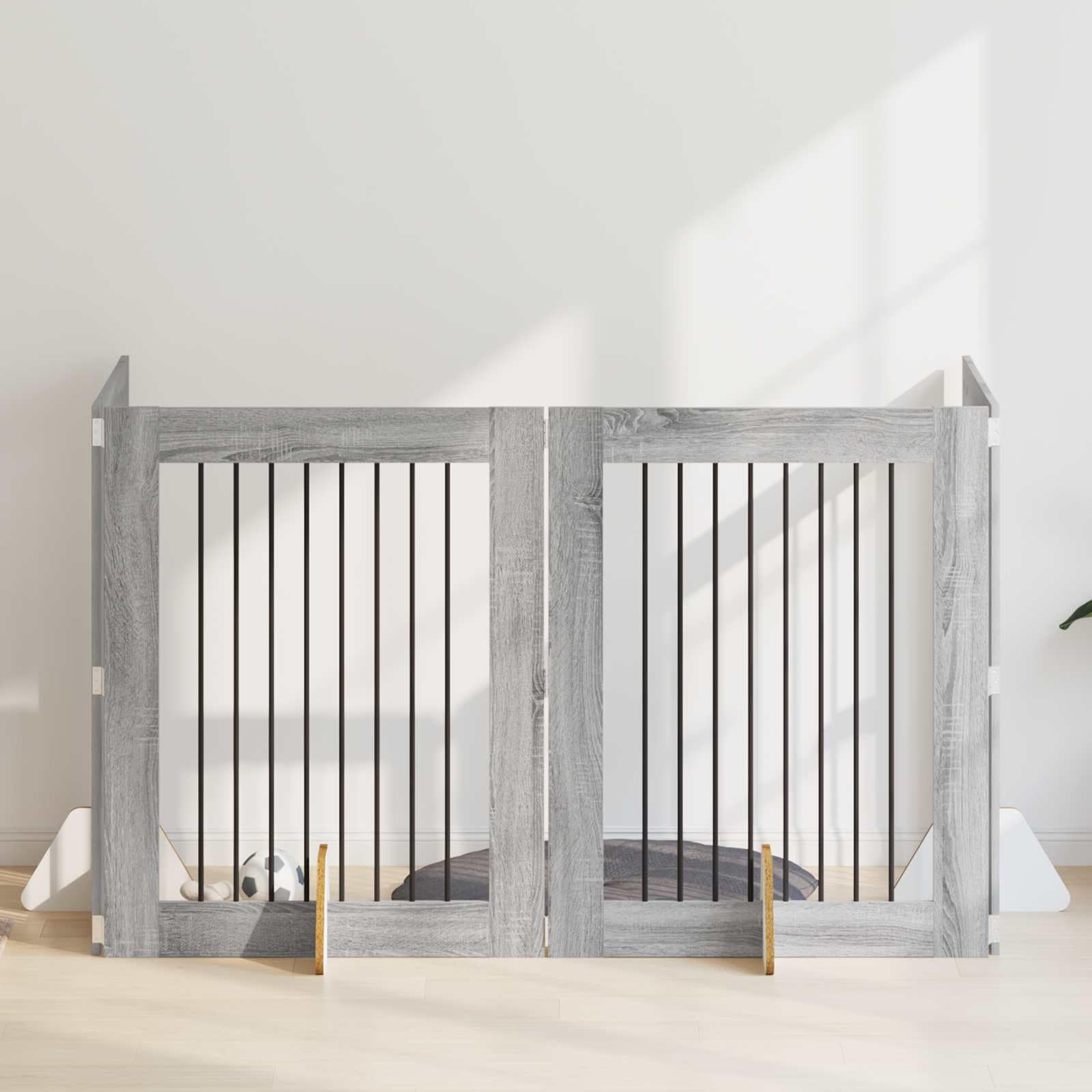 Hundeschutzgitter freistehend 4-teilig, 321x100cm Hundetor faltbar aus Metall & Holzwerkstoff, Welpenschutzgitter für Innenbereich, Absperrgitter Hunde Graues Sonoma