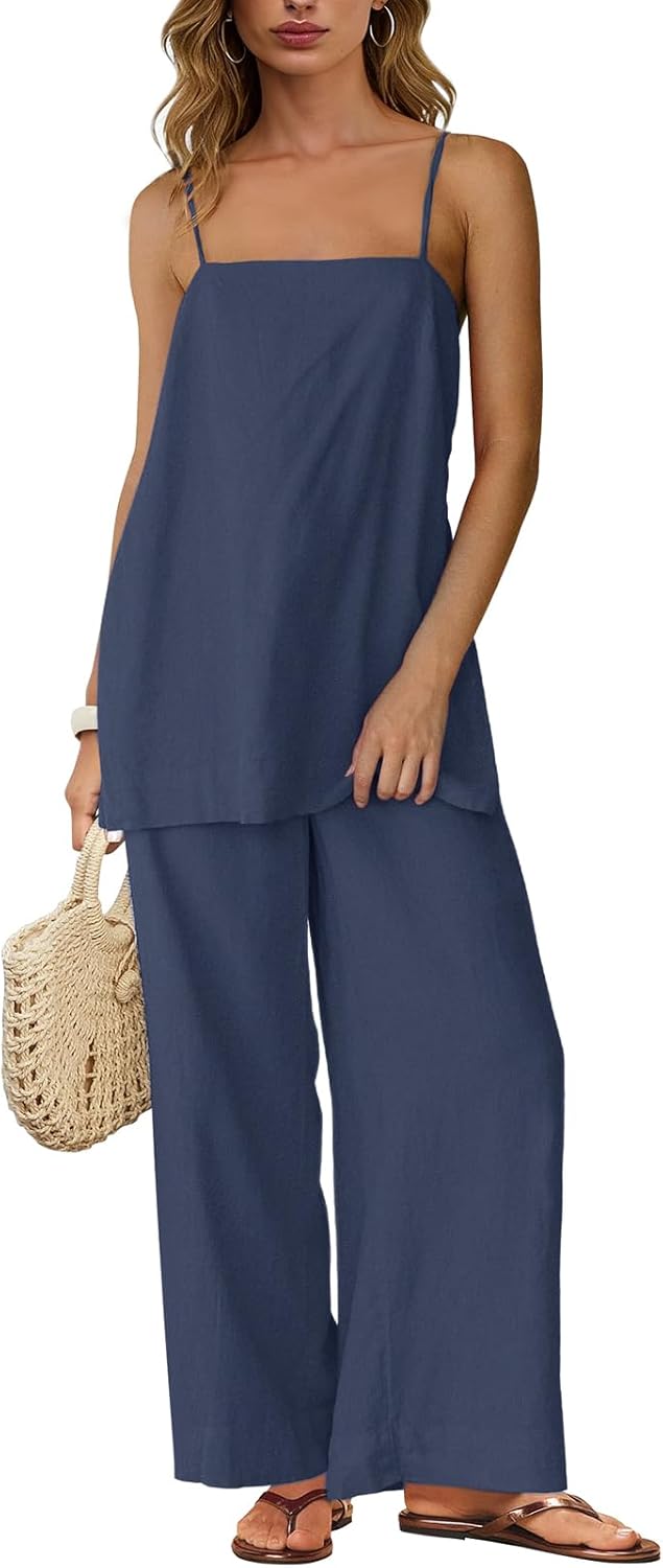 Dokuritu Linen Sets for Women 2 Piece Summer Spaghetti Strap Top Wide Leg Pant Set Beach Vacation Travel Outfits with Pockets