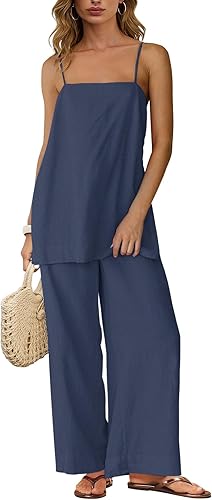 Dokuritu Linen Sets for Women 2 Piece Summer Spaghetti Strap Top Wide Leg Pant Set Beach Vacation Travel Outfits with Pockets