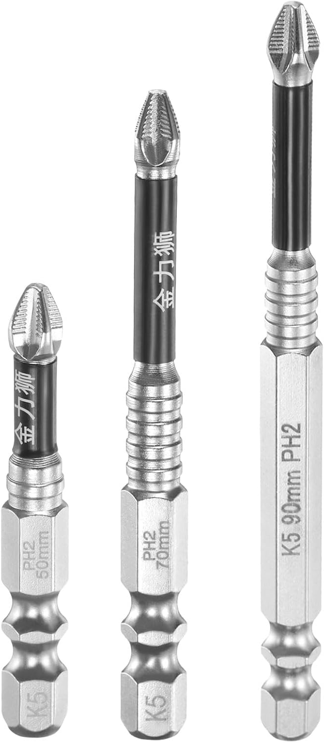 HARFINGTON 3pcs #2 Anti Slip Phillips Impact Screwdriver Bit PH2 1/4" Hex Shank 2+2.8+3.5" Magnetic Cross Head Drill Bits Chrome Plated S2 Steel Screw Driver Power Electric Tools
