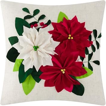 JWH Christmas Poinsettia Pillow Cover Decorative Stereo Flower Throw Pillow Green Leaf Accent Pillow Case Winter Holiday Cushion for Home Bed Living Room Couch Decor Sham 18x18 Inches Beige Red