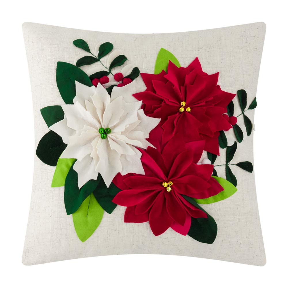 JWH Christmas Poinsettia Pillow Cover Decorative Stereo Flower Throw Pillow Green Leaf Accent Pillow Case Winter Holiday Cushion for Home Bed Living