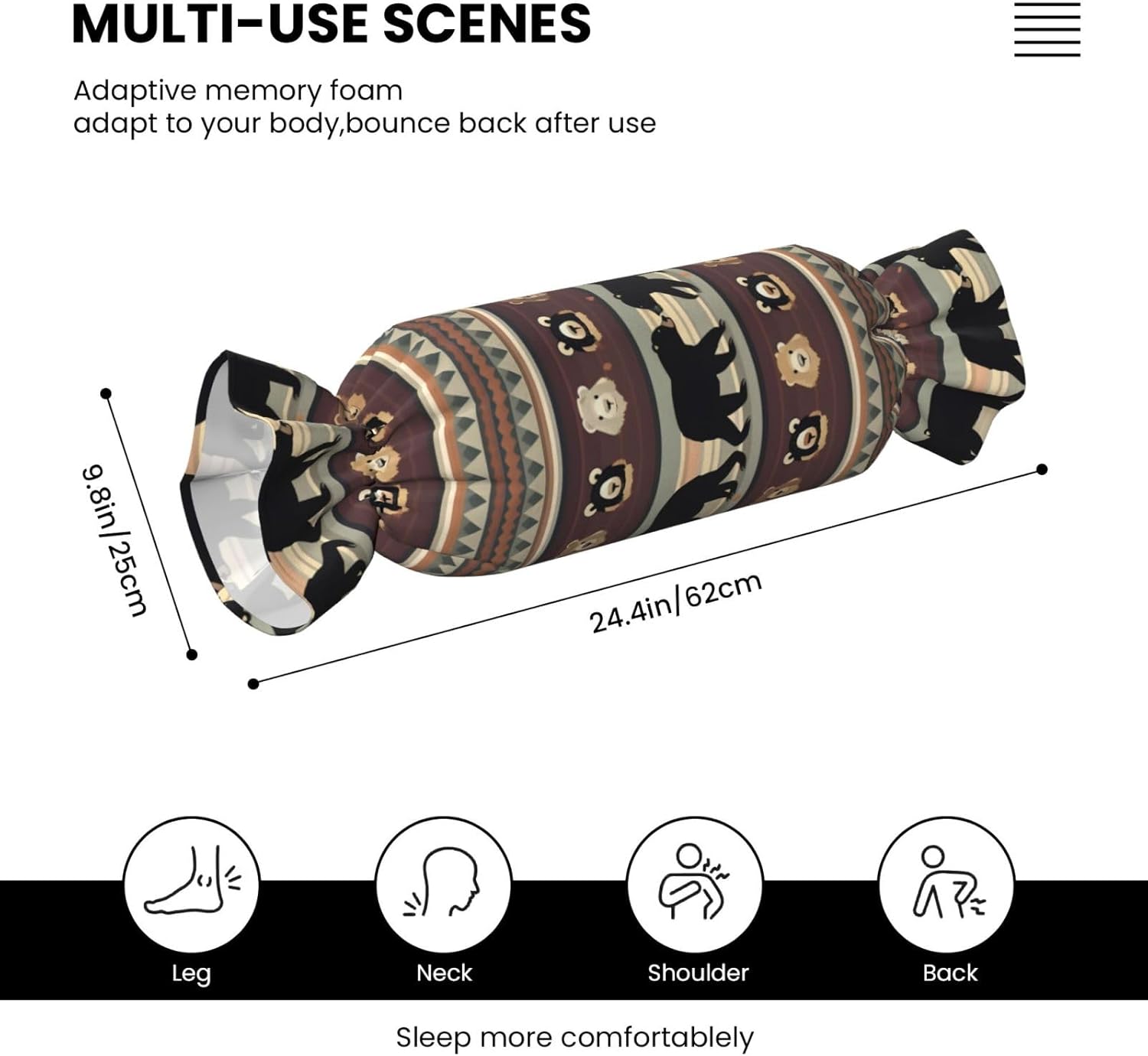 Bear Print Candy Cylindrical Pillow Round Bolster Pillows Versatile Use Decor Bedroom Travel