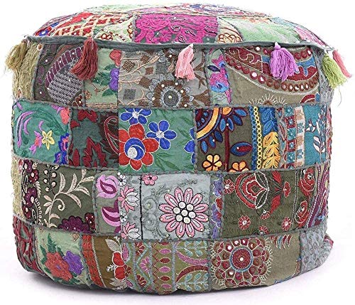 The Harry Creations Decorative Patchwork Comfortable Indian Ottoman Ethnic Cotton Cushion Bean Bag Designs Floor Embroidered Pouf Cover (Gray, 14"x22")