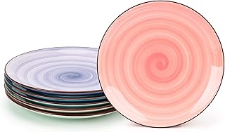 KitchenTour Ceramic Dinner Plates, 8 Inch Porcelain Serving Plate for Salad, Dessert Pizza Steak Pasta Plates Set, Dishwasher and Microwave Safe - Set of 6, Assorted Warm Colors