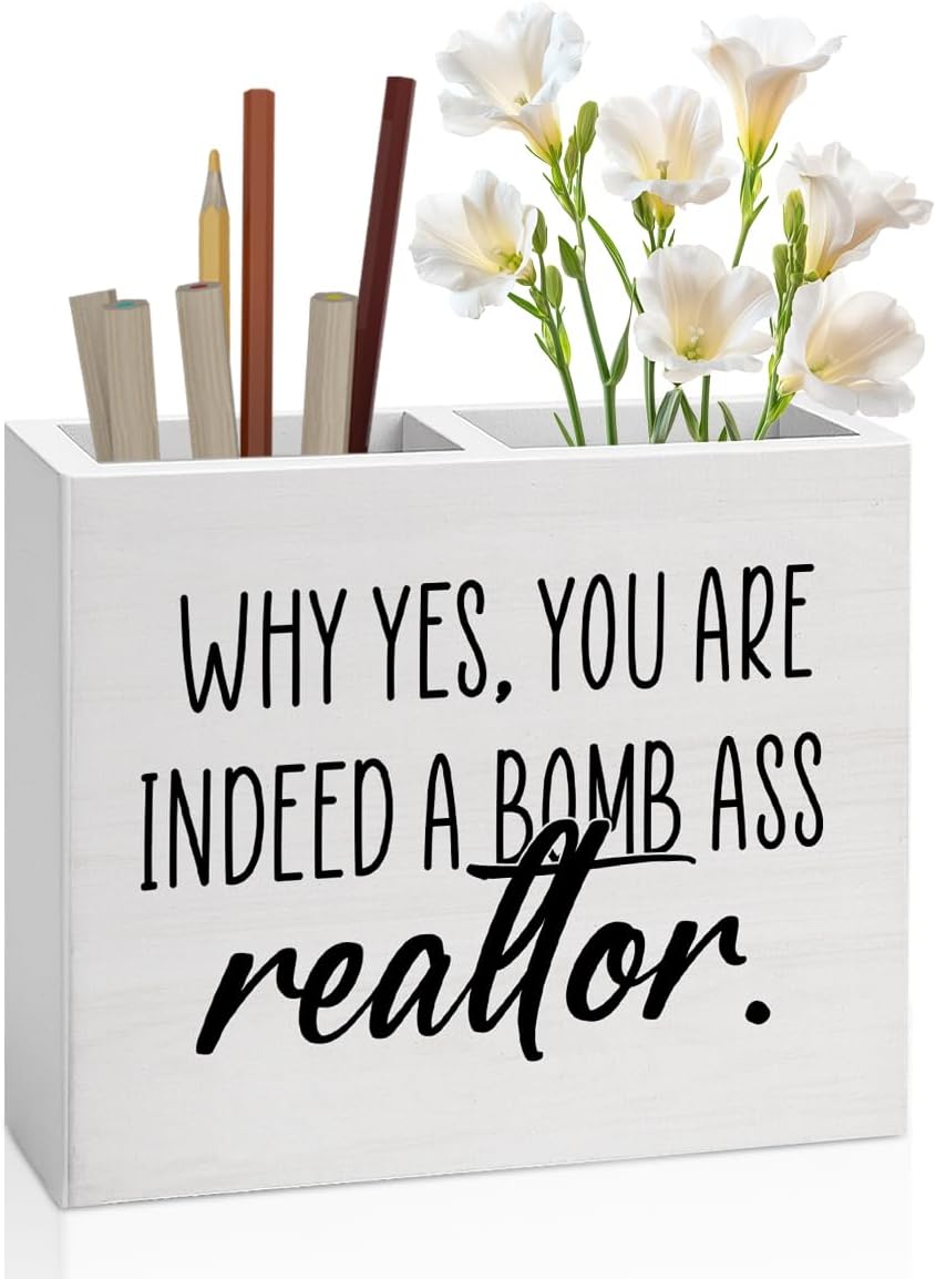 Funny Realtors Gifts for Real Estate Agent, Cool Closing Gifts for Realtors, Real Estate Agent Supplies Wooden Pencil Holder 4 X 5 inch