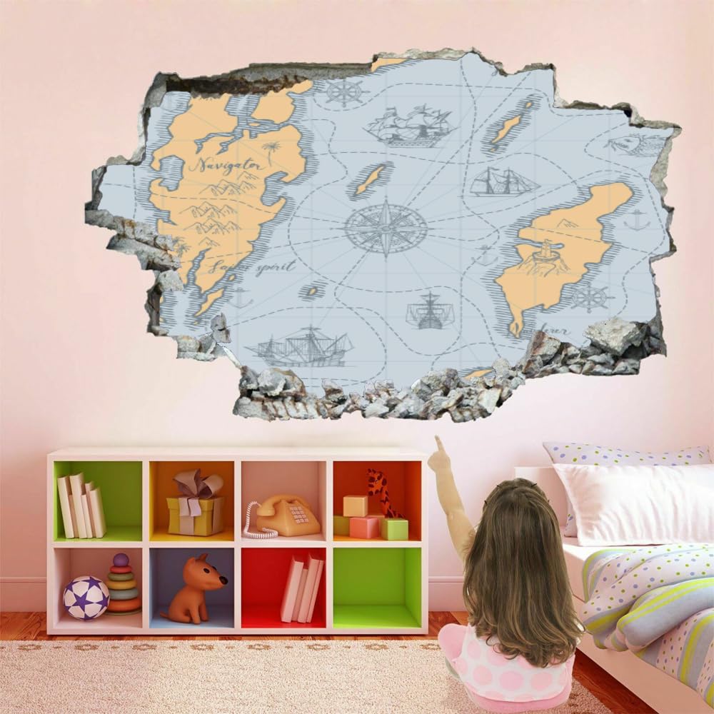 Decorazione murale 3D, Mappa nautica Adesivo murale rimovibile Camera Stile retrò murali Decalcomania foro muro per ragazze Carta da parati camera da letto per bambini Decorazioni per matrimoni