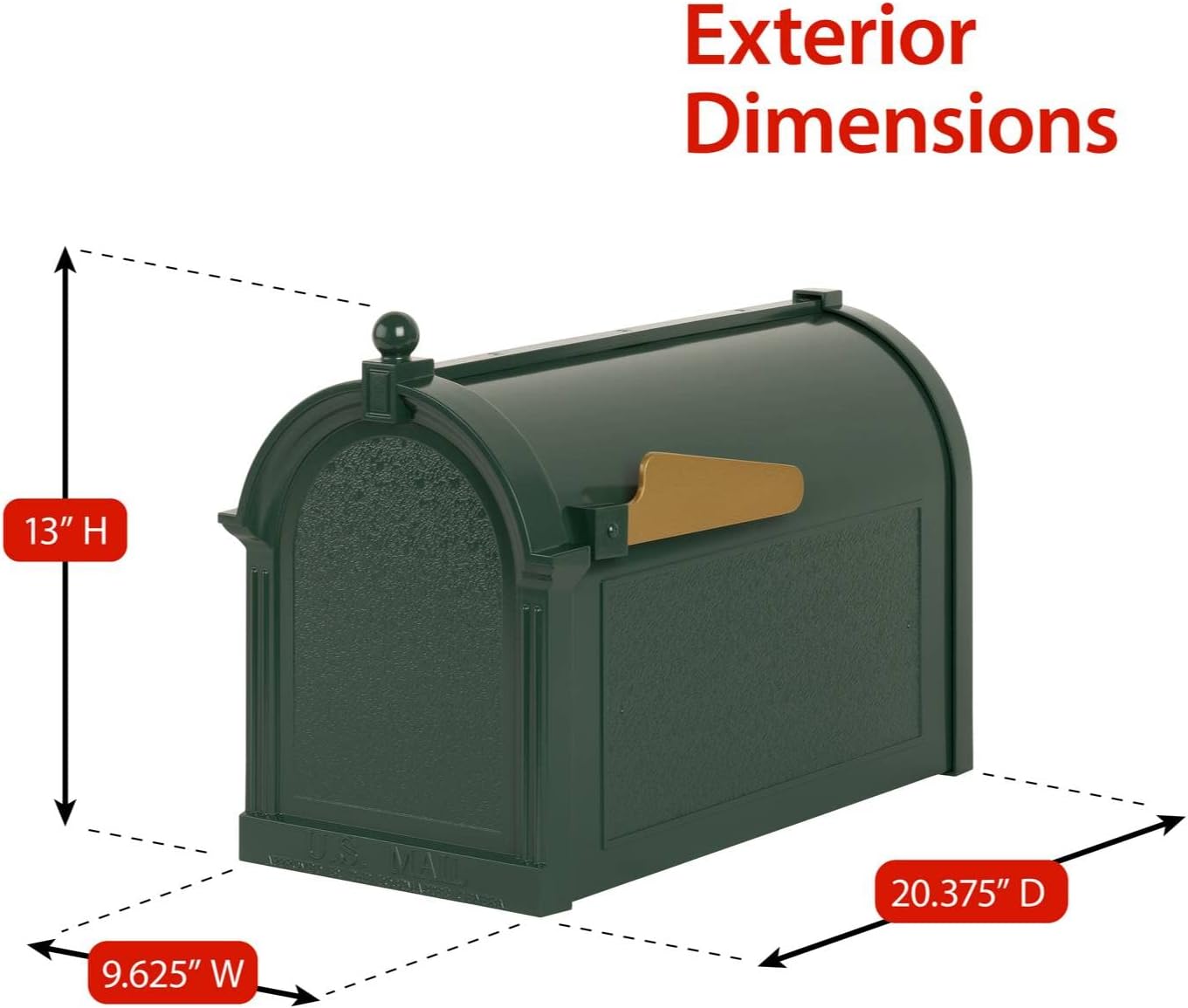Whitehall Custom Extra Large Mailbox - Capitol Model with Address Plaque and Side Mount Post Package, Sand Cast Aluminum, Green Personalized in Goldtone