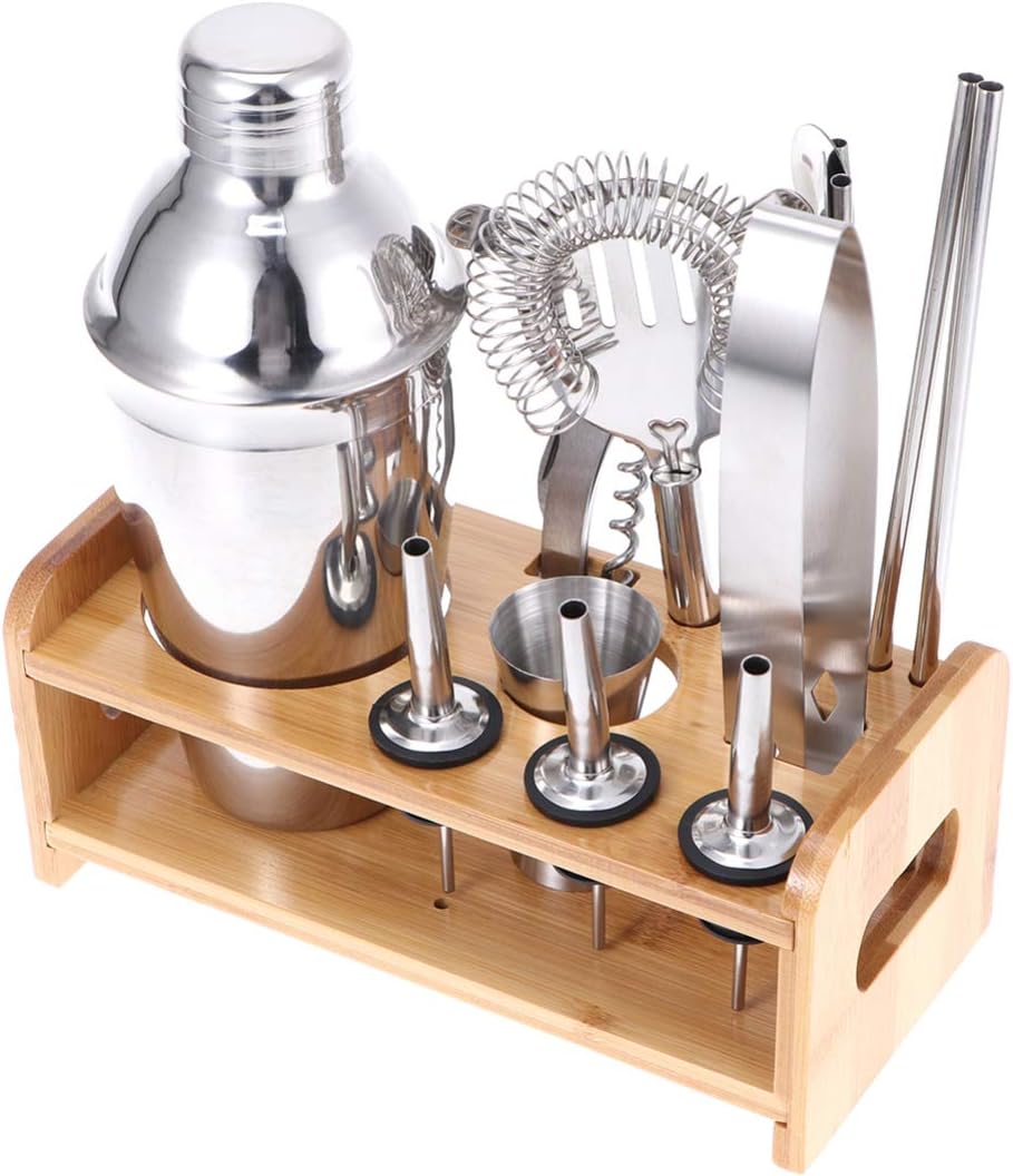 1 Set Stainless Steel Cocktail Kit Wooden Base Cocktail Mixing Kit Drink Mixer Bartender Tools (550ML)