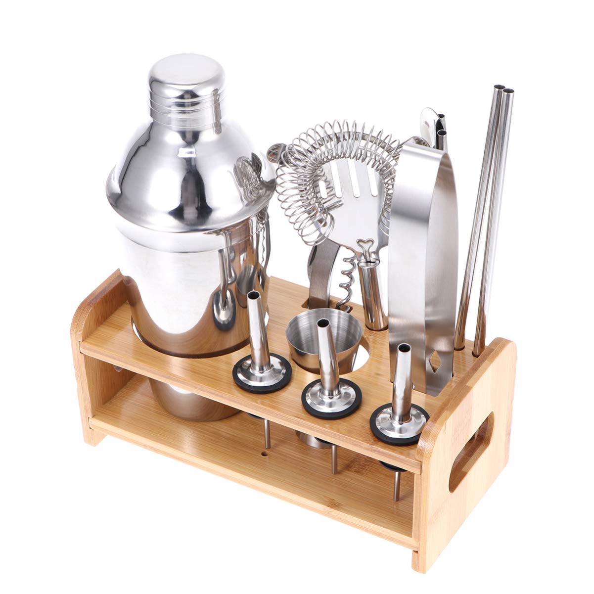 BESPORTBLE 1 Set Stainless Steel Cocktail Kit Wooden Base Cocktail Mixing Kit Drink Mixer Bartender Tools (550ML)