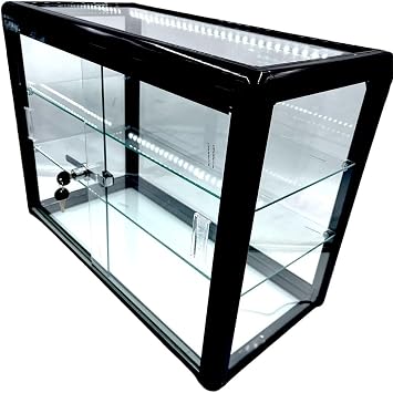 Elegant Black Aluminum Display Table Top Tempered Glass Show Case. Sliding Glass Doors with Lock - Option with LED Lights with LED Lights