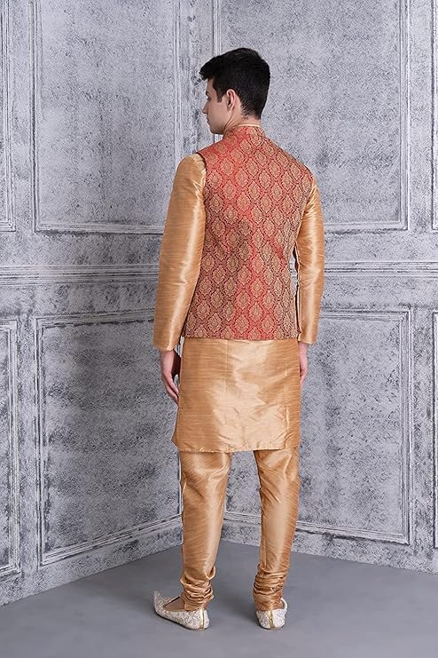 Image of Uri and MacKenzie Men's Silk Blend Kurta Churidar Pyjama with Stylish Nehru Jacket