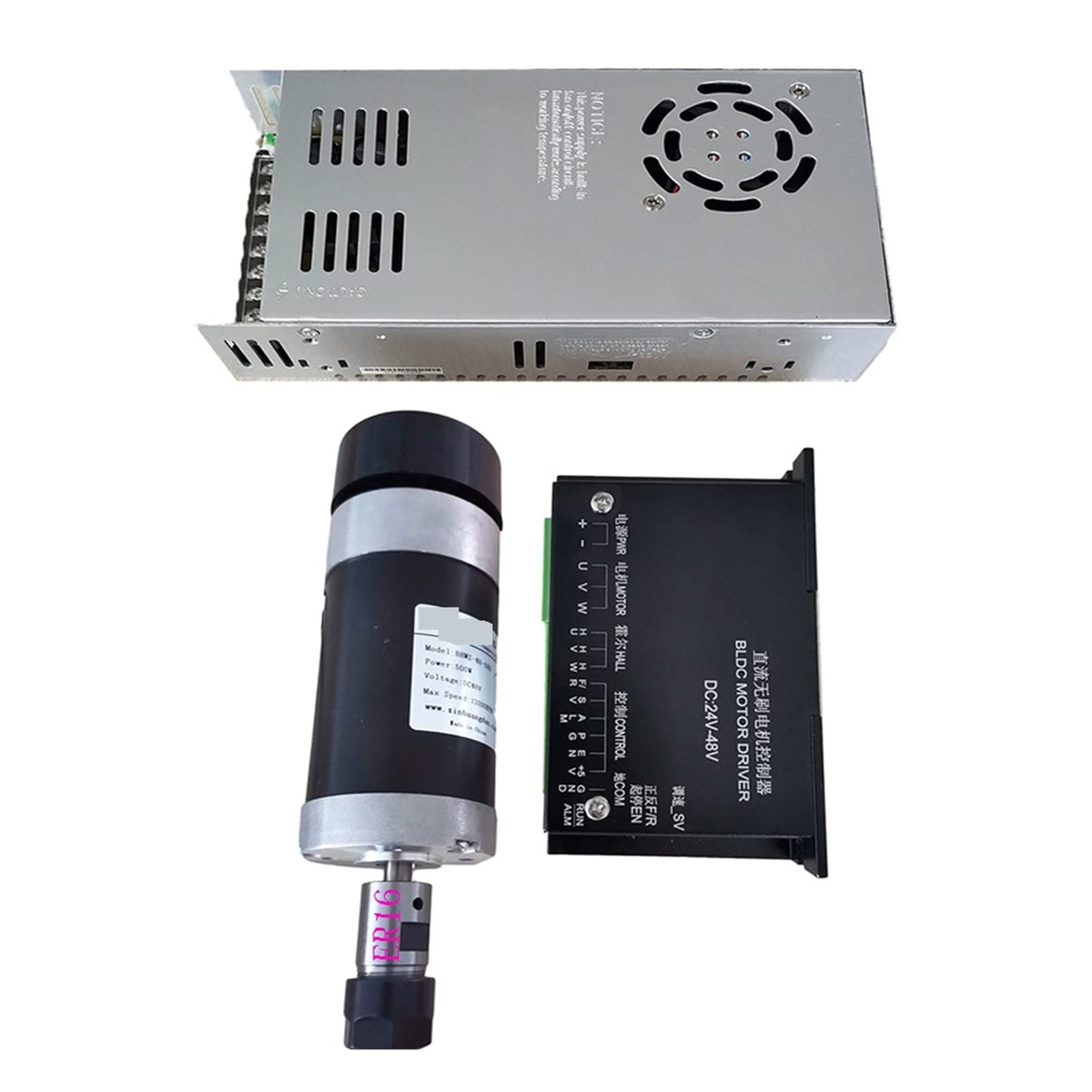 CVFRDD CNC Spindle Motor Kit 48v 500W ER16 Brushless Spindle+57MM Clamp With Screws+ 48V Motor Driver+48VDC 10.5A Power Supply