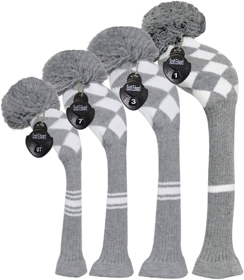 Scott Edward Knit Golf Headcovers for Wood 4 PCS Packed,Fit Driver Wood, Fairway Wood and Hybrid/UT, Long Neck,Big Pom Pom, for Men/Women (Grey White Argyles)