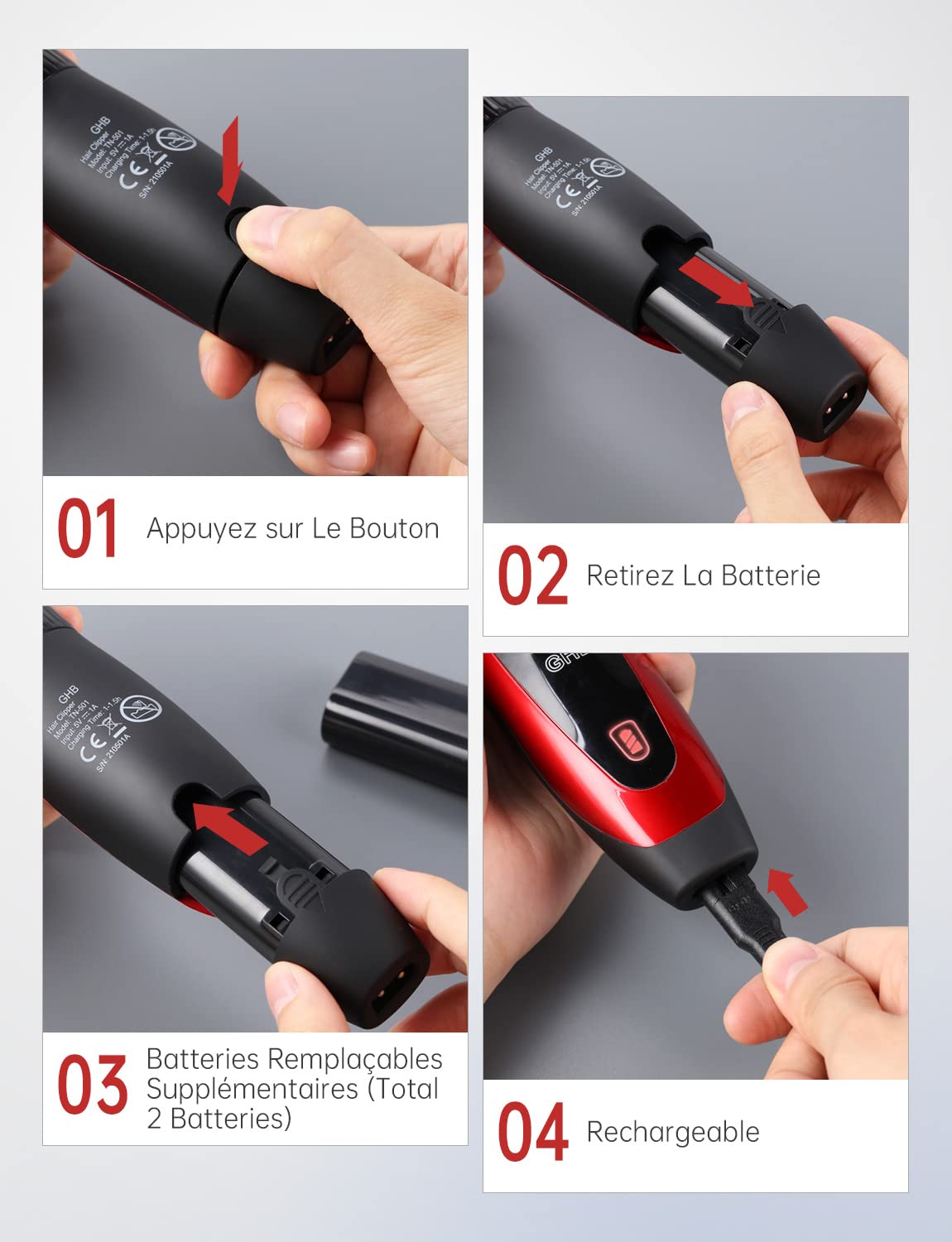 GHB Tondeuse Cheveux Hommes Tondeuses à Cheveux Professionnel Sans Fil Rechargeable avec 7 Peignes et 2 Batteries au Lithium pour Enfants Adultes Personnes Agées Salon