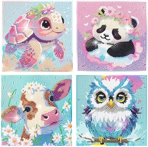 4 Packs 5D Cartoon Diamond Art Kits for Kids, Cute Animals DIY Diamond Arts Mosaic Kits for Adults Beginner, Full Round Drill Gem Art for Home Wall Decor Kids Gift 6X6 inch