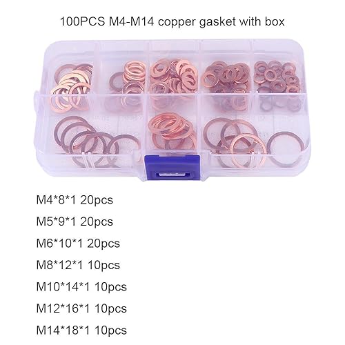 Miniatura 3 de Arandela de cobre de 100 piezas, junta de cobre M4-M14, kit surtido de arandelas planas, M4M5M6M8M10M12M14 para tapones de sumidero