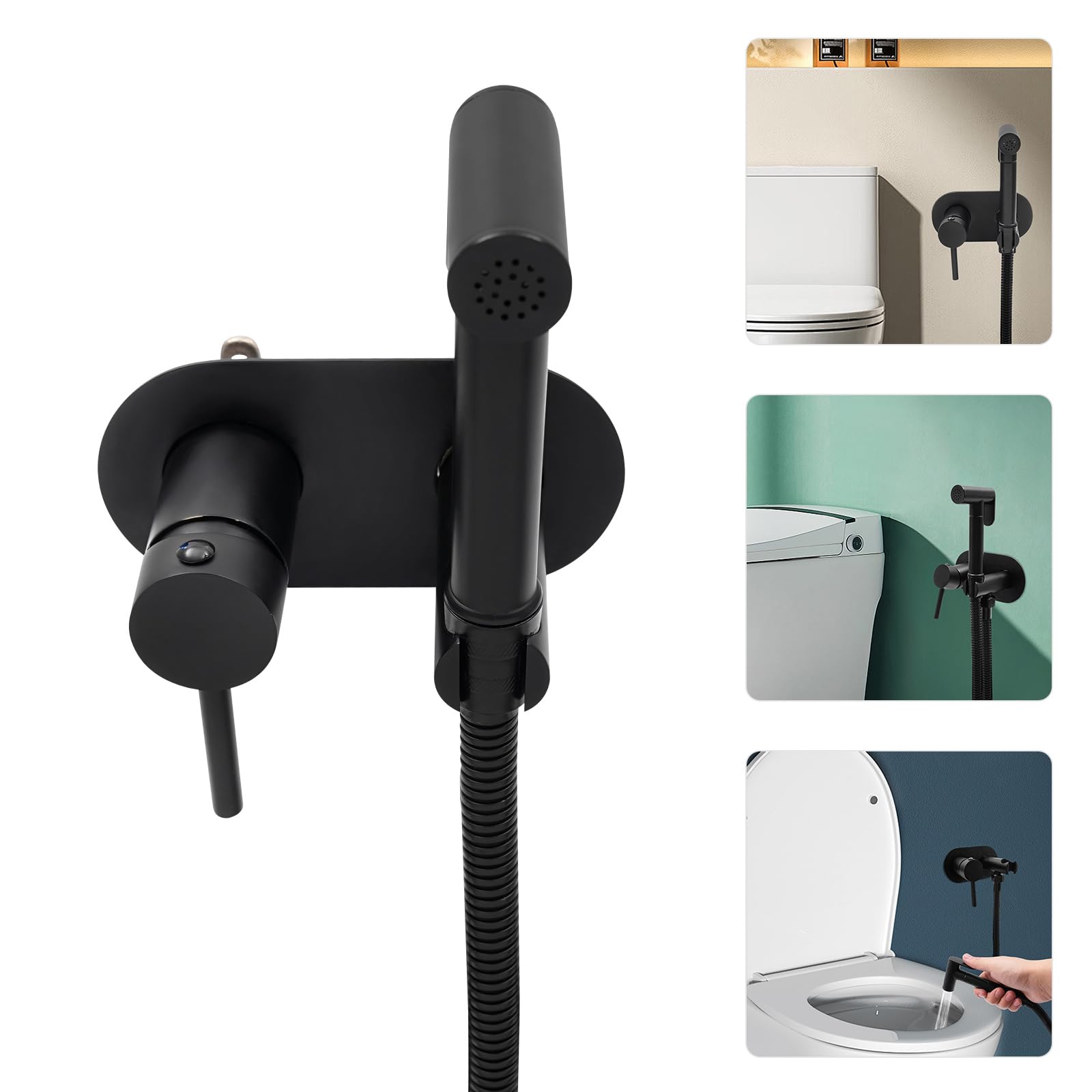 Bidet Spruzzatore manuale per WC, doccetta per WC, set di rubinetti, bidet caldo e freddo, set per WC, montaggio a parete, filettatura G1/2, dimensioni 135 x 70 mm (nero)