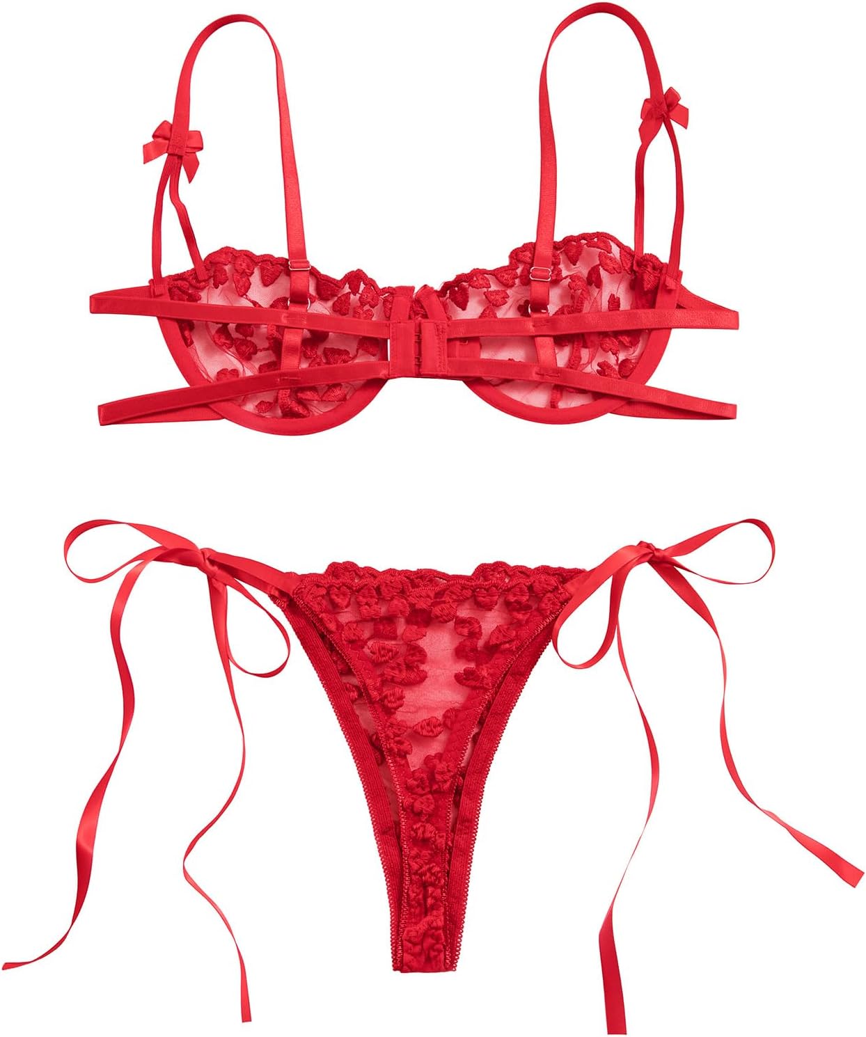 Lilosy Sexy Tie Side Cute Underwire Push Up Strappy Embroidered Mesh Sheer Lingerie Set - Image 2