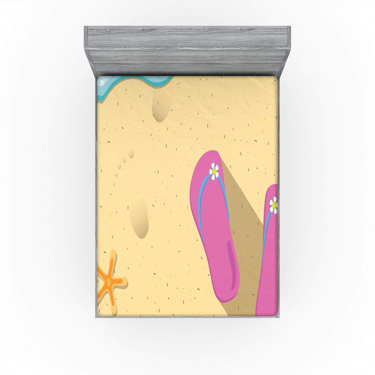 Ambesonne Flip Flop Fitted Sheet, Pinky Beach Thong and Starfish on Grainy Looking Sands by The Waves, Bed Cover with All-Round Elastic Deep Pocket for Comfort, King Size, Seafoam Pink