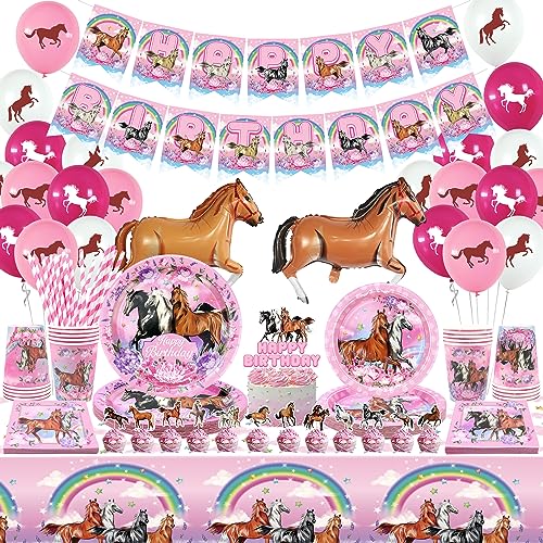 LSJDEER Pink Horse-Themed Happy Birthday Banner, Paper Plates Napkins Cups Balloons Cake Cupcake Topper Tablecloth for Horse Party, Serves 20