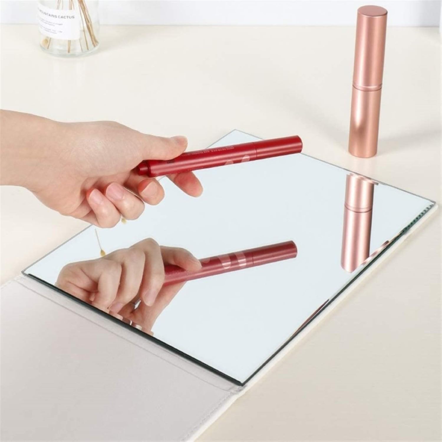 ONICORN® Foldable Makeup Mirror with Stand, Compact Portable Folding Free Standing Travel Vanity Mirror, Frameless PU Leather (White-Pack of 1, Unframed, Rectangular, Floor Mount) 3