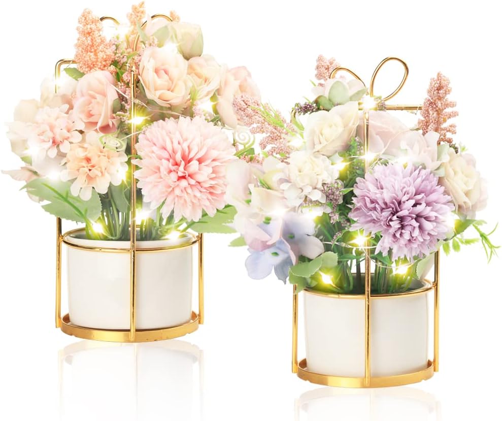 BEGONDIS Set of 2 LED Artificial Flowers Potted Fake Pink and Purple Flowers Hanging Potted Plants for Home Living Room Office Party Decor Decoration