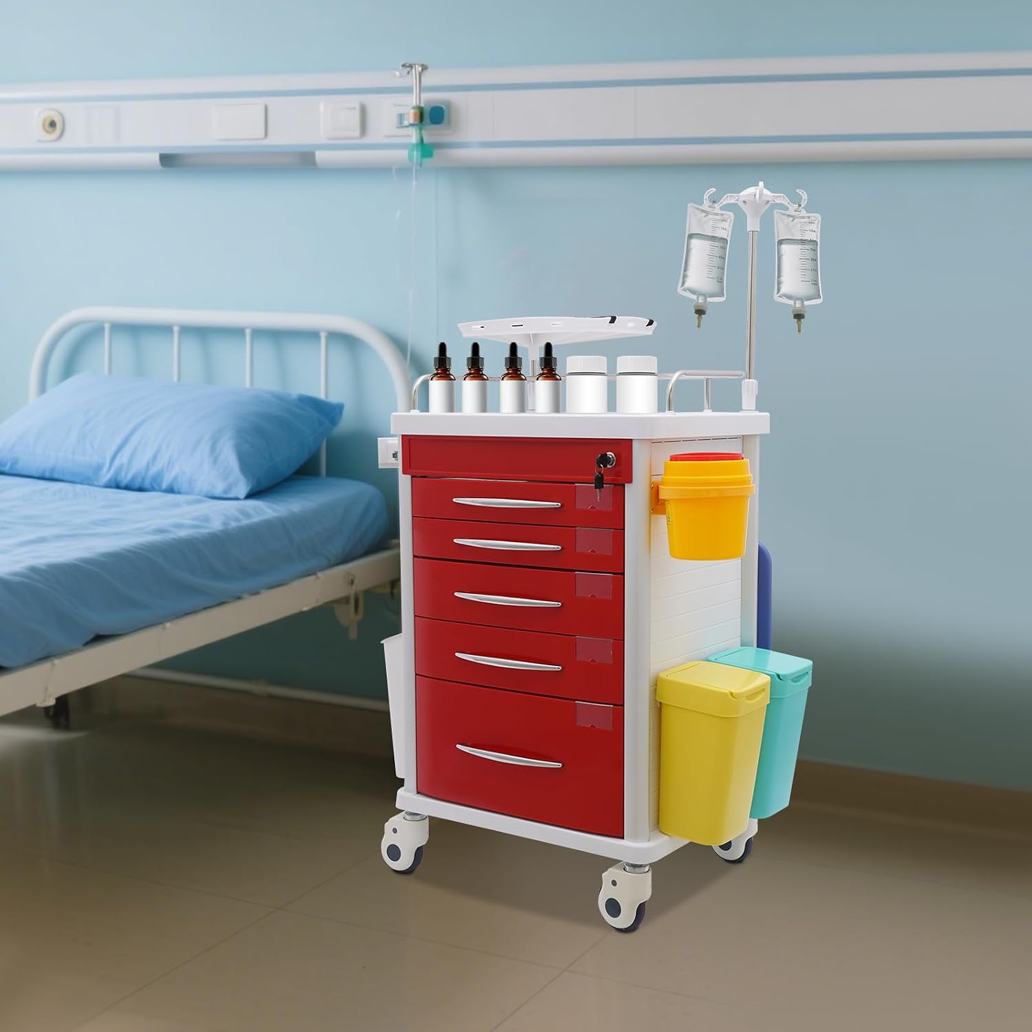 5-Tier Medical Cart, Rolling Medical Storage Crash Cart with Adjustable IV Pole and Trash Bin & O2 Holder, Mobile Medication Carts for Clinics, Hospitals, and Beauty Salons (Red)