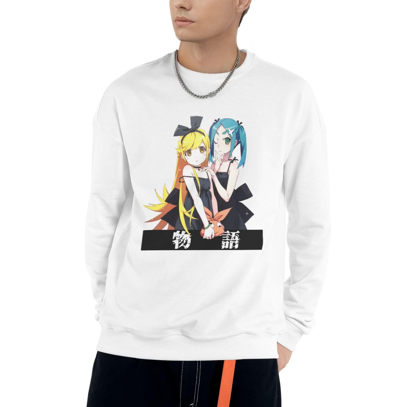 CAYREDAnime Monogatari Series Adult Long Sleeve Hoodie Unisex Round Neckline Tops Fashion Couples Sweatshirts White