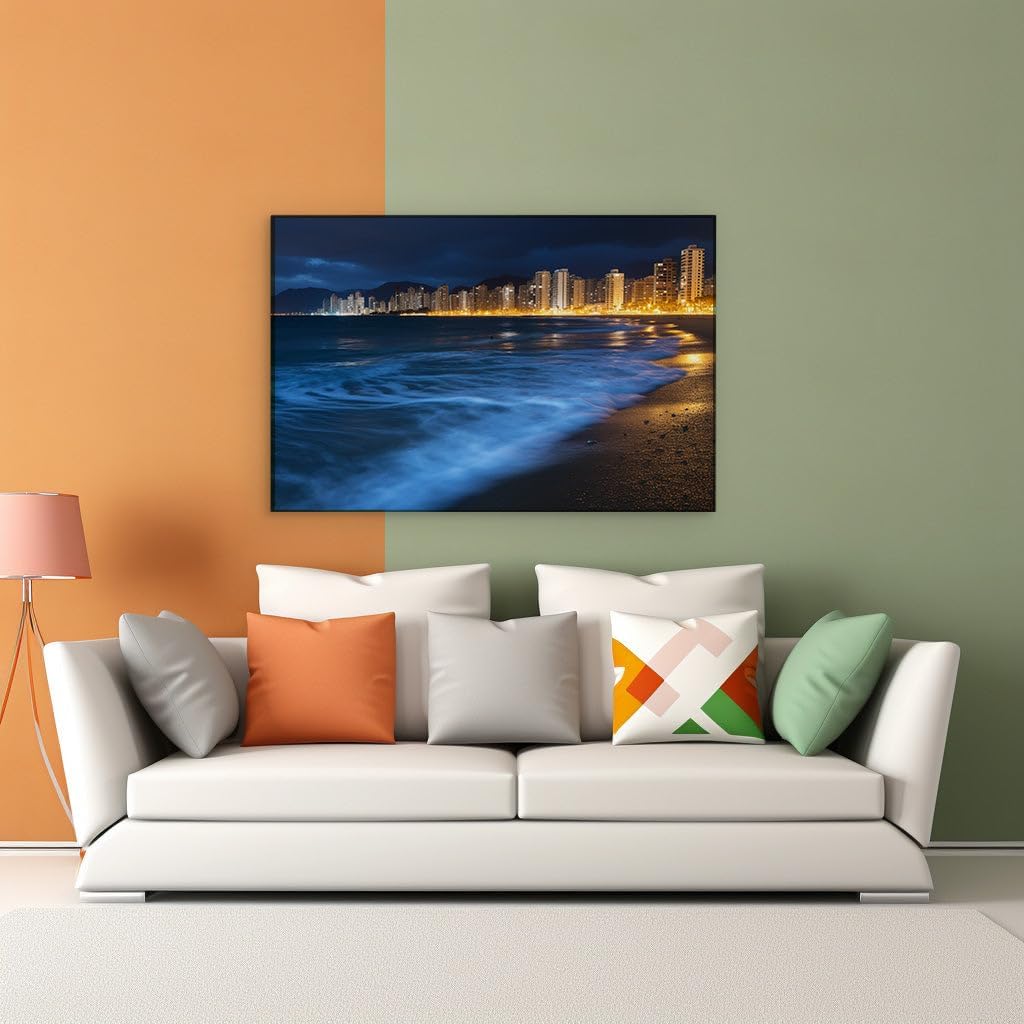 Canvas for Living room. City Lights and Ocean Nights: The Ethereal Intersection of Urban Glow and Rolling Waves, 27 x 18 inch Canvas Wall Art - Ready to Hang