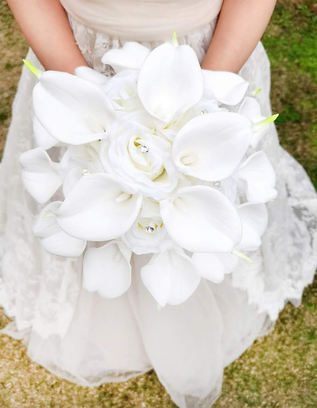 YIFUwedding Bridal Wedding Rose Calla Lily Bouquet Party Decoration Artificial Flowers Bridal Bouquet 9 inch Wedding Bouquet (White)