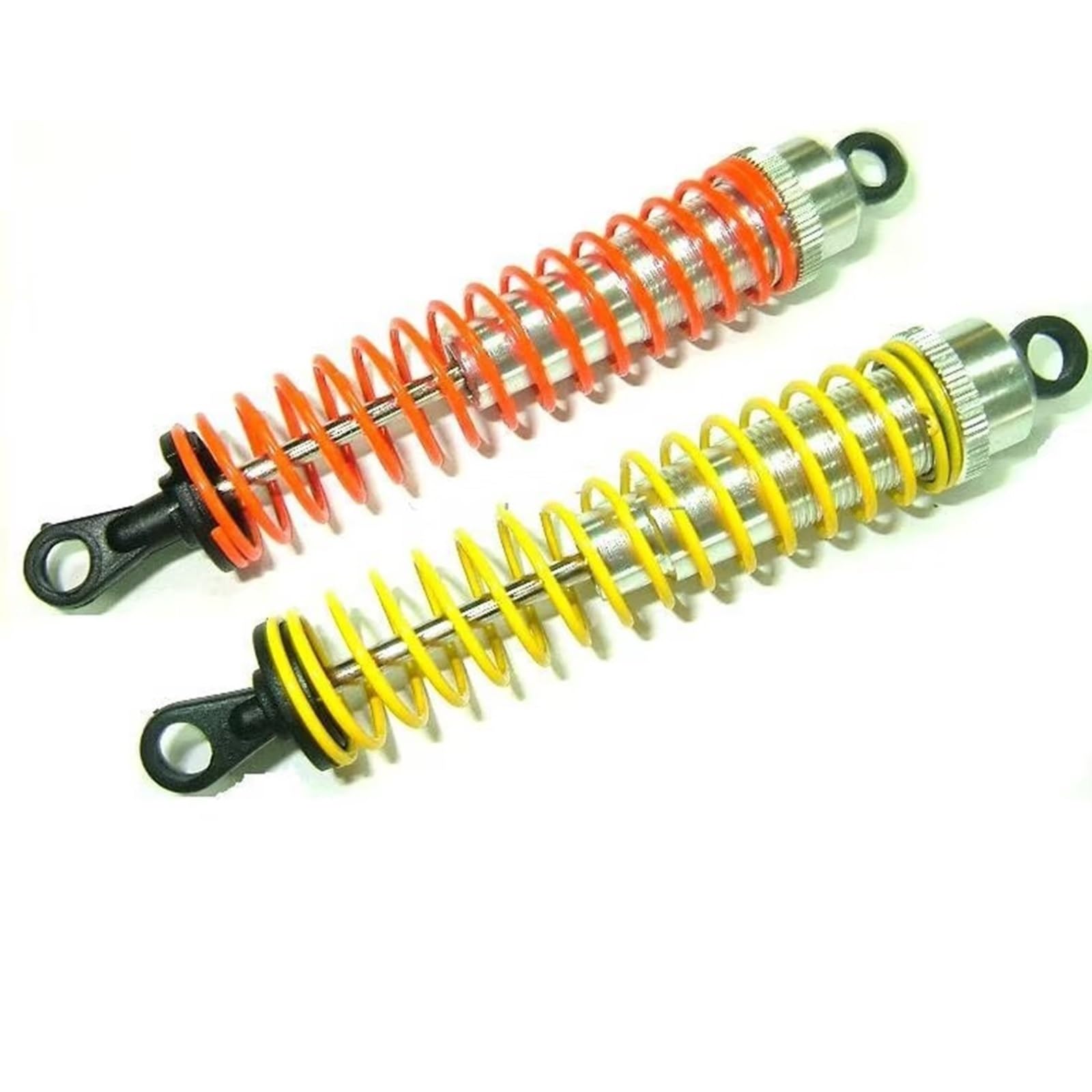 Two cvking metal hydraulic shock absorbers, one with a yellow spring and one with an orange spring.