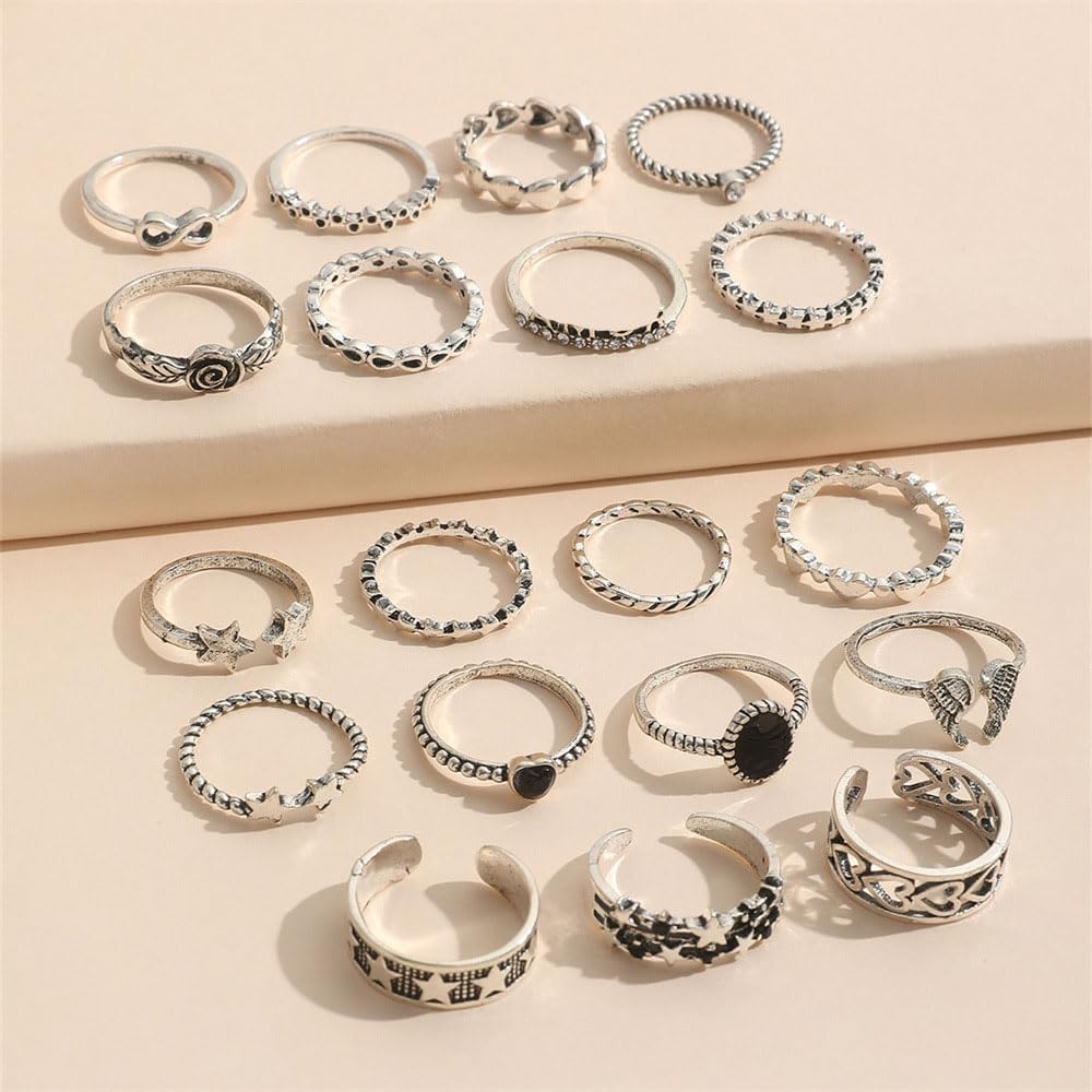 Rrdaily Vintage Knuckle Rings for Women Chunky Black Silver Ring Set Adjustable Finger Stackable Rings Goth Punk Grunge Snake Ring Boho Y2k Accessories Jewelry