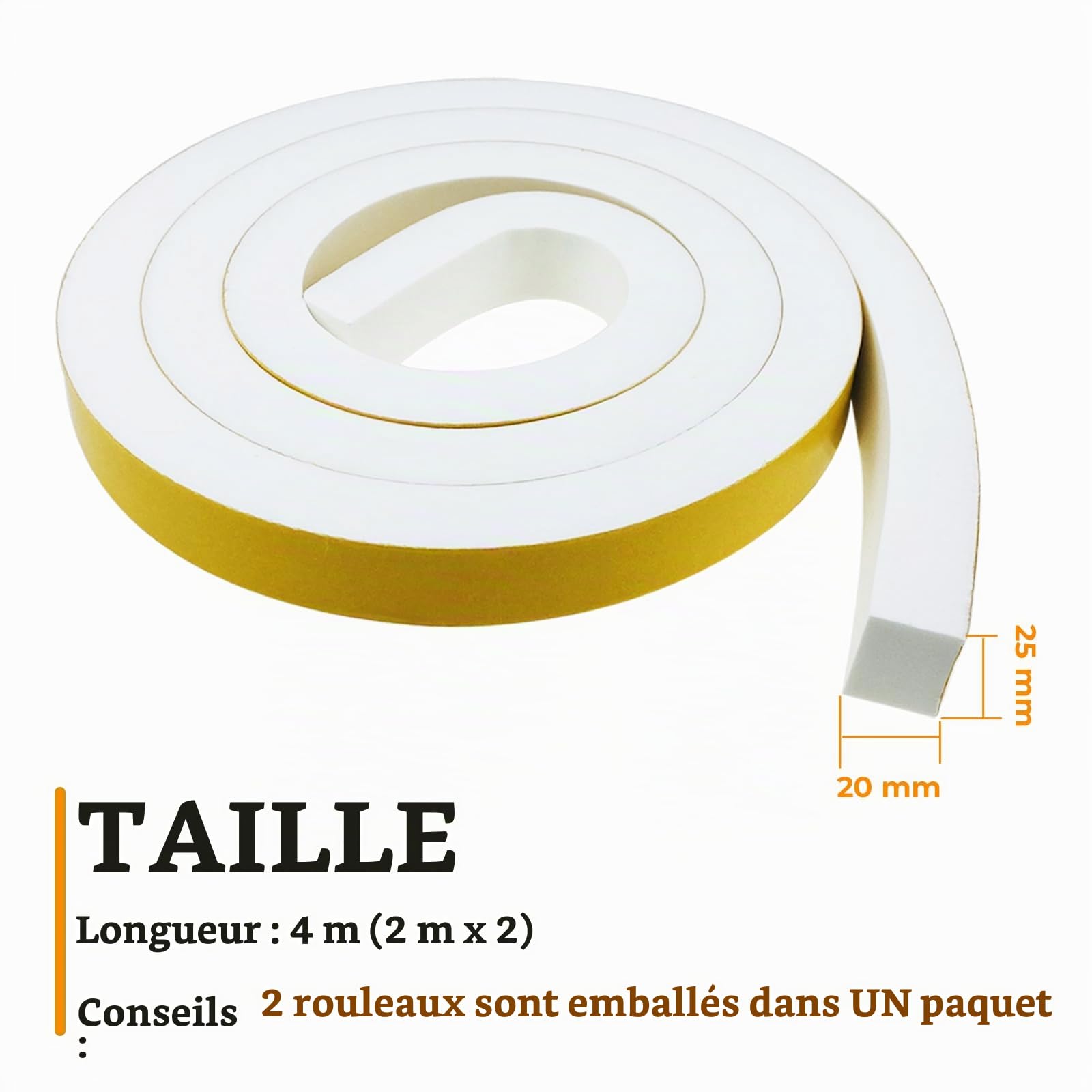 Storystore Joint Isolation pour Porte Fenêtre, Joint Adhésif en Mousse Caoutchouc, 2 Rouleaux 25mm(l) x20mm (H) x2m(L) Bande Caoutchouc Joint Isolation du Bruit Froid, Anti-collision, Antichoc, Blanc