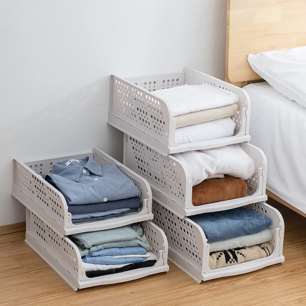 THATSRAD 3 Pezzi Scatole Pieghevoli per Guardaroba in Plastica Contenitori Impilabili per Armadio Organizzatori Impilabili per Guardaroba 43x33,5x14cm Adatti per Casa Camera da Letto Cucina, Bianco