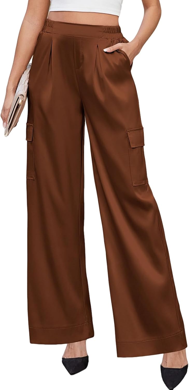 ZAFUL Womens Satin Pants Wide Leg High Waisted Cargo Pants Silky Dressy Casual Slack Trousers