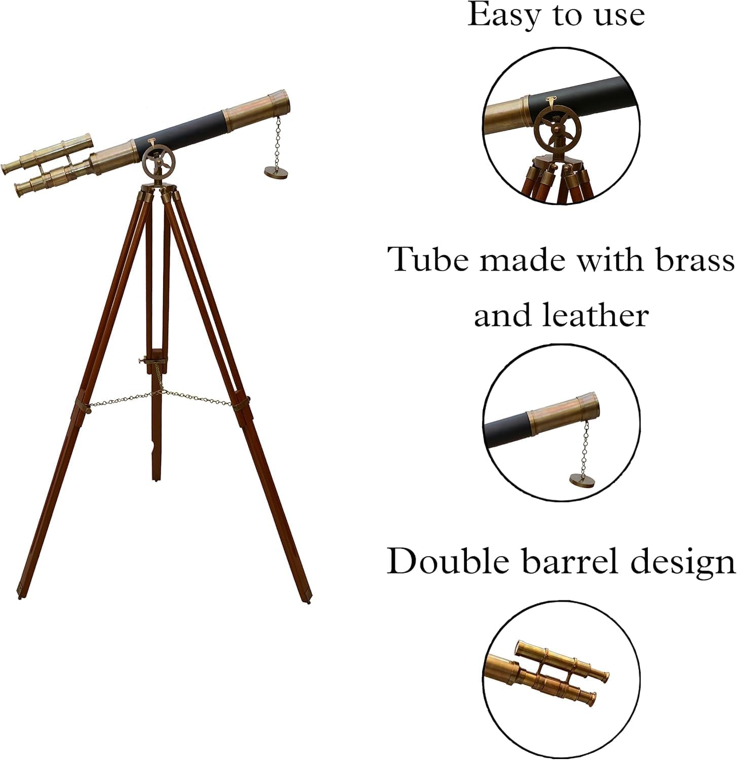 The Vintage Venue Antique Brass Double Barrel Telescope – Black Leather Tube – 52” Floor Standing Marine Spyglass with Wooden Tripod – 42X Magnification Nautical Home Office Decor
