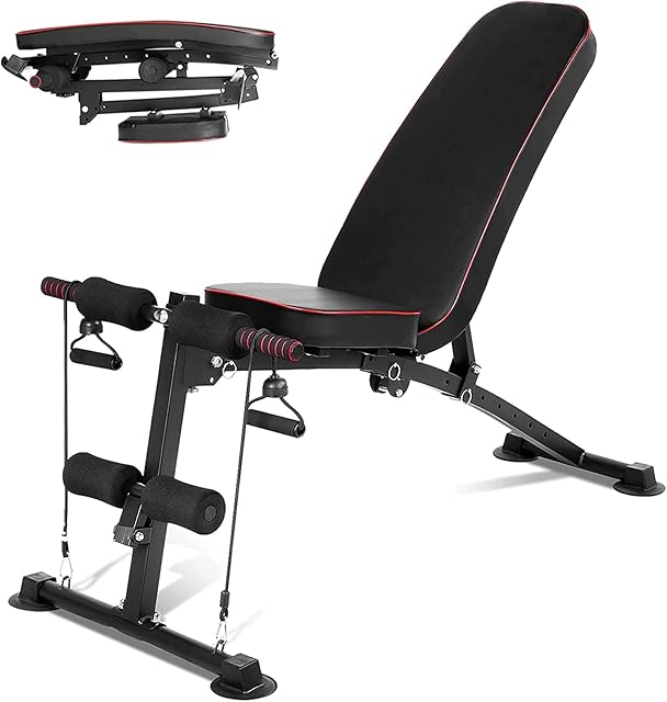 Weight Bench, Folding Weight Bench, Multifunctional Bench with 7-Way Adjustable Backrest, Incline Bench 2 in 1 Sit-Ups with Rope, Training Fitness Bench for Full Body Exercises, Home Gym